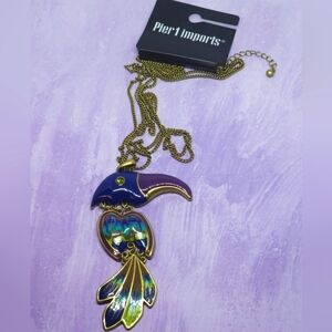 Pier 1 Imports Toucan Bird Necklace 4" Swirled Enamel Pendant 28" Chain